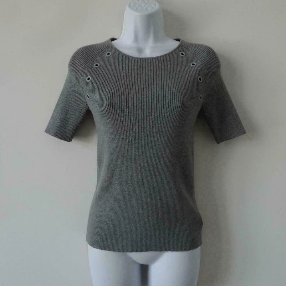 New AKRIS Grey Round Neck Short Sleeve Cotton Knit Top 10 w/ Rib Eyelet Detail